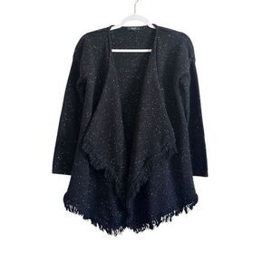 NYDJ Tunic Fringe Fairisle Flyaway Cardigan Sweater Women XS‎ Black Gray Boho